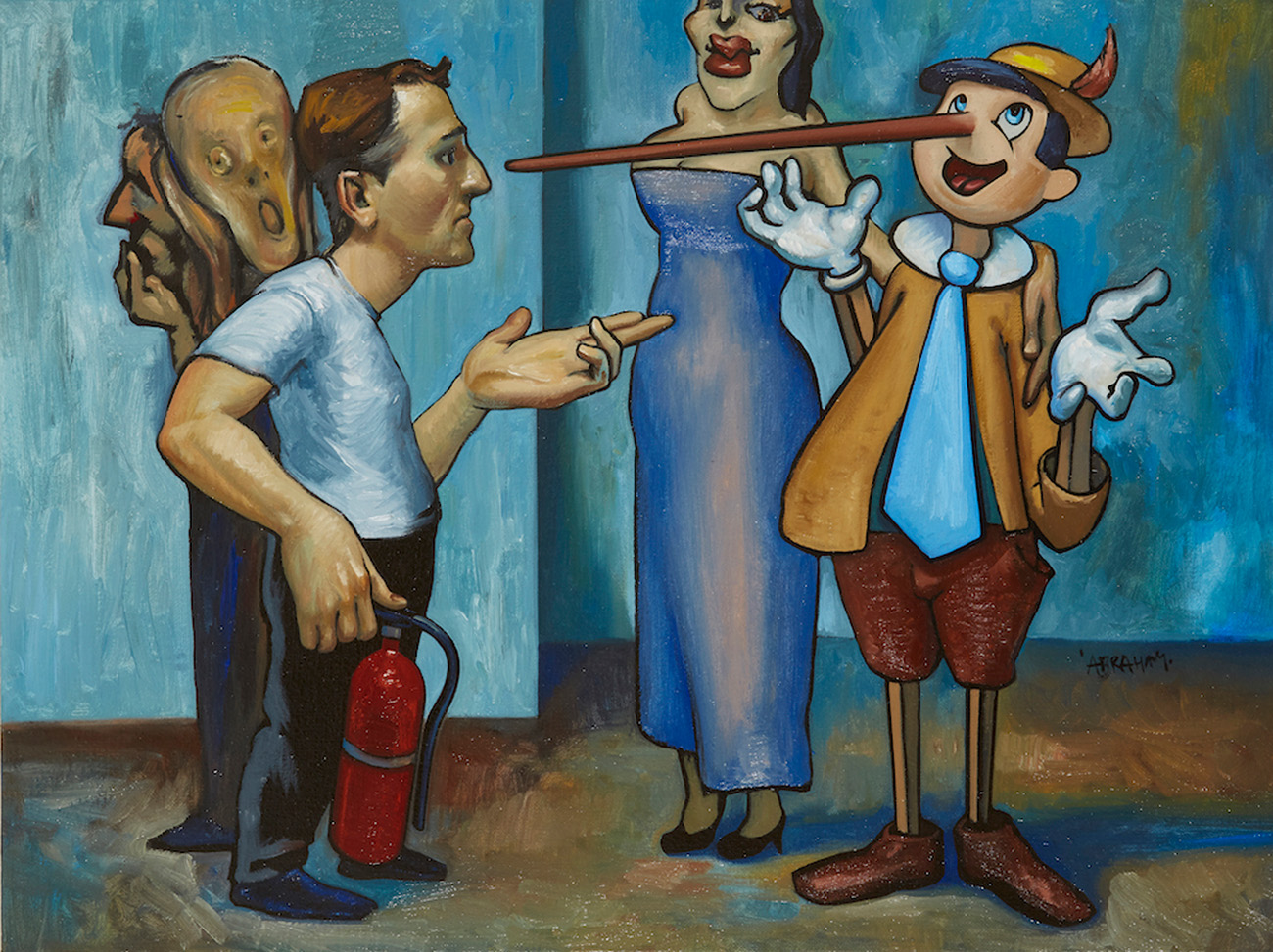 Michael-Abraham-Painting__la-soupe figure asks why to pinnochio scream