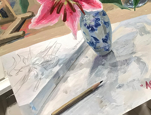 Close up of a original oil painting by Michael Abraham of a white vase with blue flowers and lilies
