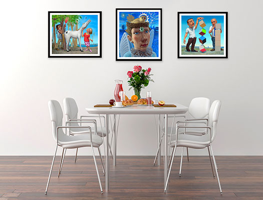 Kitchen table with 3 michael abraham art prints on the wall about