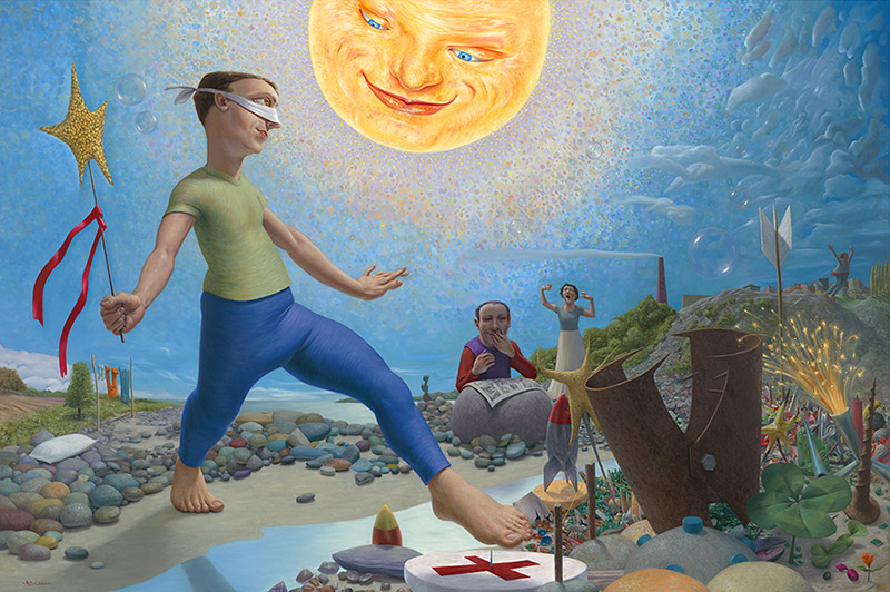 Bright original oil painting of a blue sky and yellow sun with a face, smiling down on the main figure who is blind folded and holding a wand. As they take a blind step forward, their foot is about to step on a tack. By Canadian Artist Michael Abraham