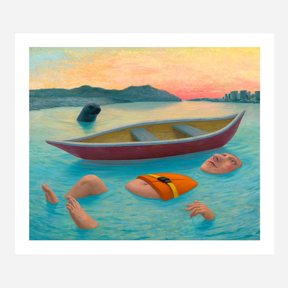 print of a peaceful figure, floating in a life jacket next to a red canoe, in the cyan blue waters of a golden sunset. Unknown to the swimmer, a curious seal is visiting on the other side of the canoe