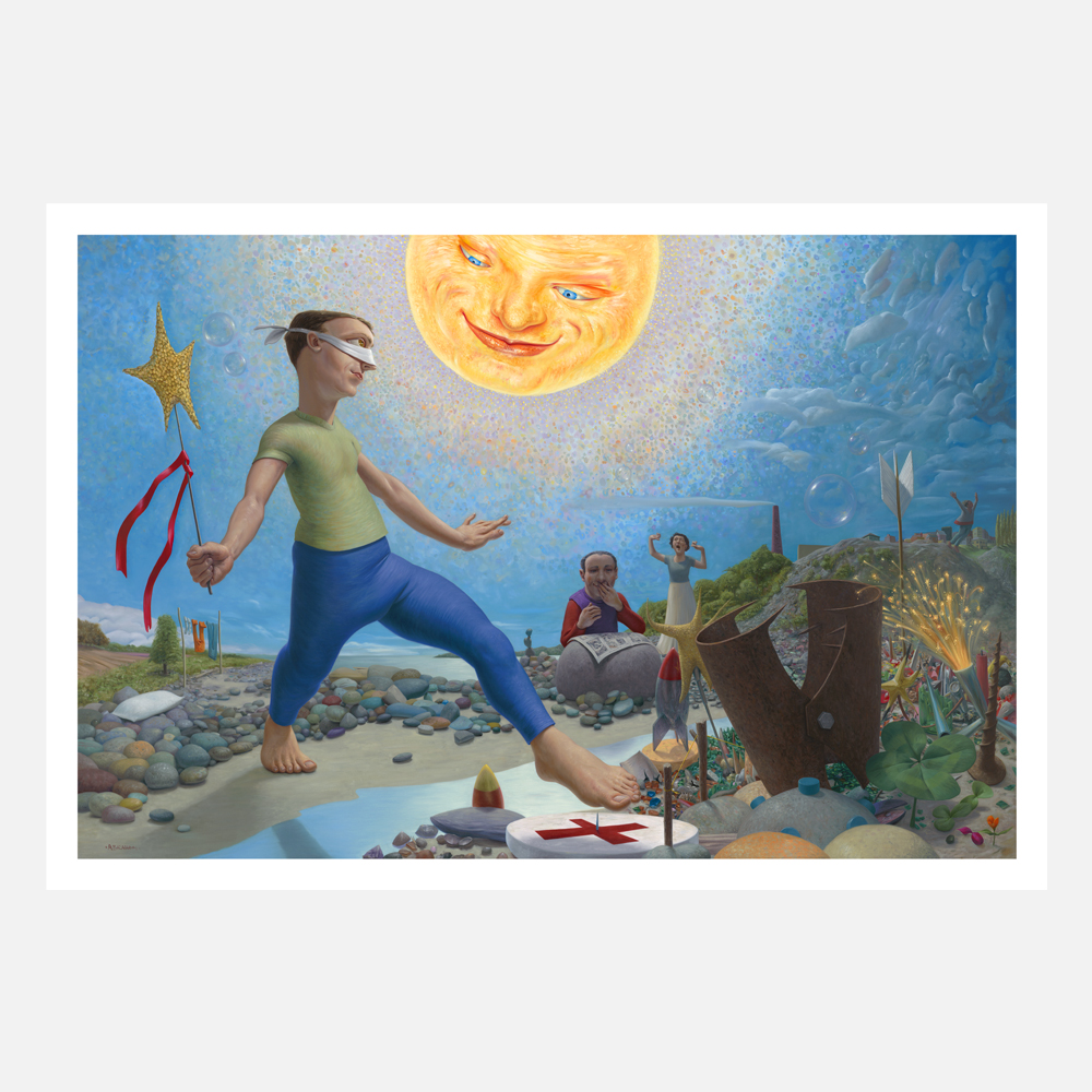 A print that takes place outside under the clear blue sky. A smiling sun shines down on the main figure, who is taking a big step over a creek while blindfolded. Unknown to the figure, they are about to step on a pin. Figure carries a wand for magic as hey walks into the darker landscape ahead.