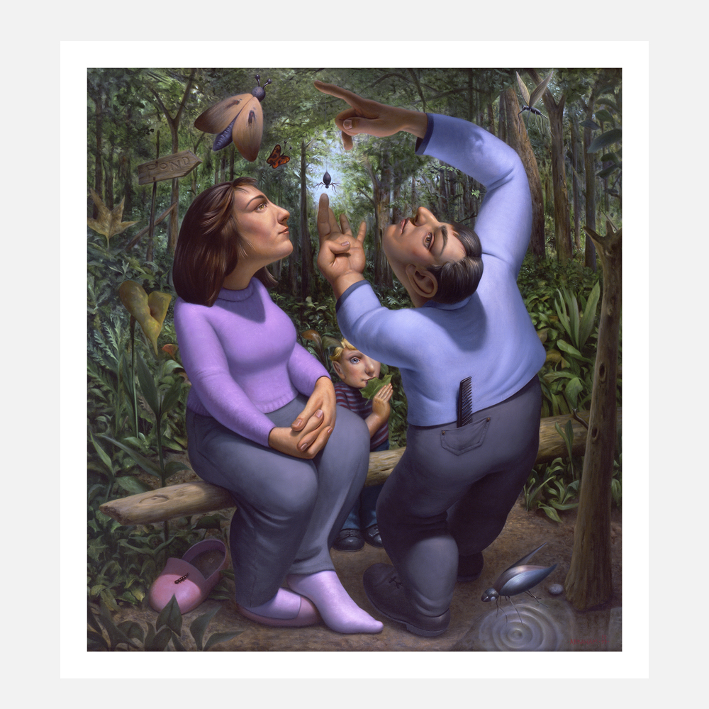A print that shows a family of 3 sitting in the woods exploring spiders and trees. Behind the mom, dad and young son, is a deep green forest and sunlight.