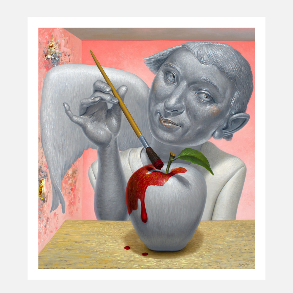 Print of a cement grey angel in a pink painted room, painting a neutral grey apple a deep vibrant red colour while smiling at the viewer.