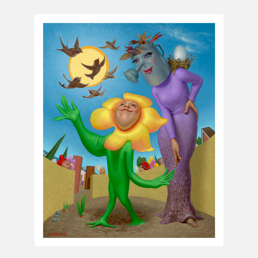 print of a mother guardian figure as a protective waterpot, looking after her young, who is a bright yellow flower learning to walk on a bright blue sunny day, as birds fly across the bright yellow sun.
