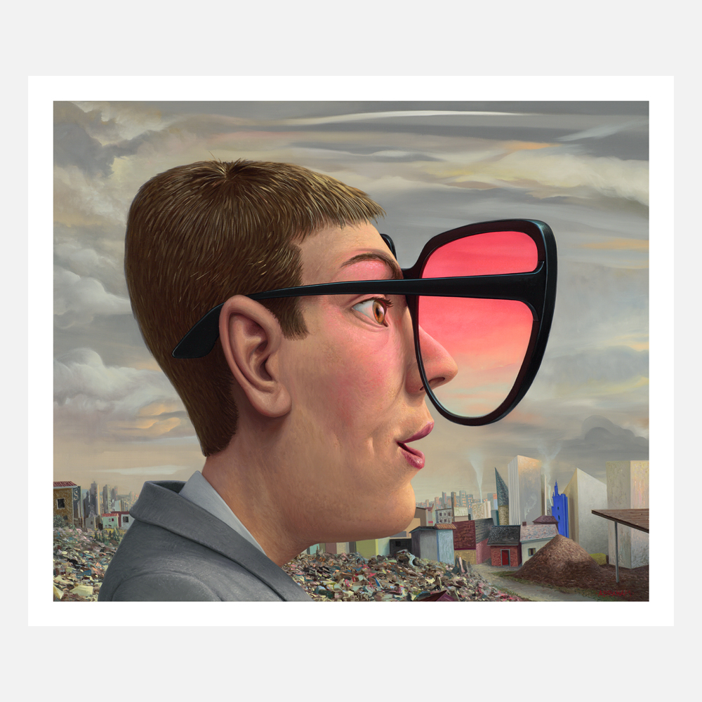 print of a character looking out into the environmentally ravaged landscape wearing black framed glasses with bright pinky red rose tinted glasses. The character is smiling, even though the scenery is unpleasant.