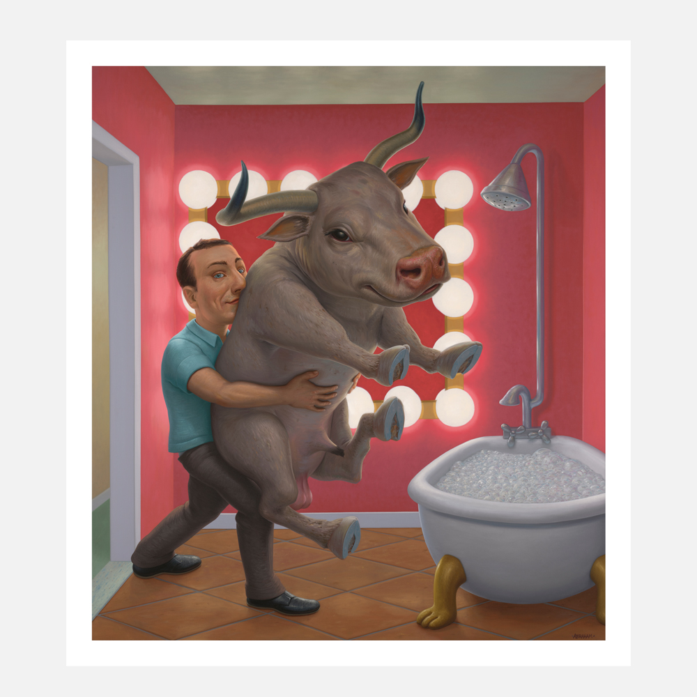 print of a man carrying a smiling bull by the belly, into a red room with vanity lights and a white tub filled with bubbles. The man is looking ahead, while the bull looks directly at the viewer with a cheeky smile.