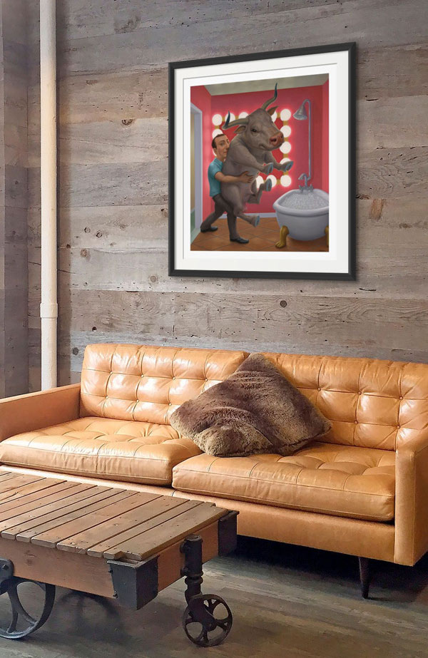 Rustic country farmhouse interior design, leather couch, featuring large art print 'To the Cleaners'