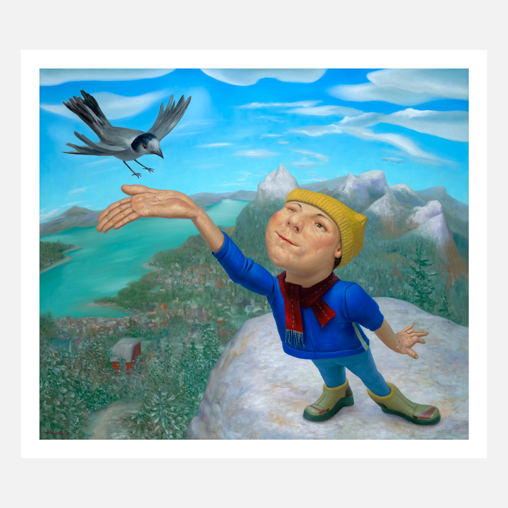 print of a character in a blue toque and hiking clothes, after he has climbed to the highest peak in view. He stands on top of a high mountain feeding a canadian jay from his hand, with the vast forest and ocean below.