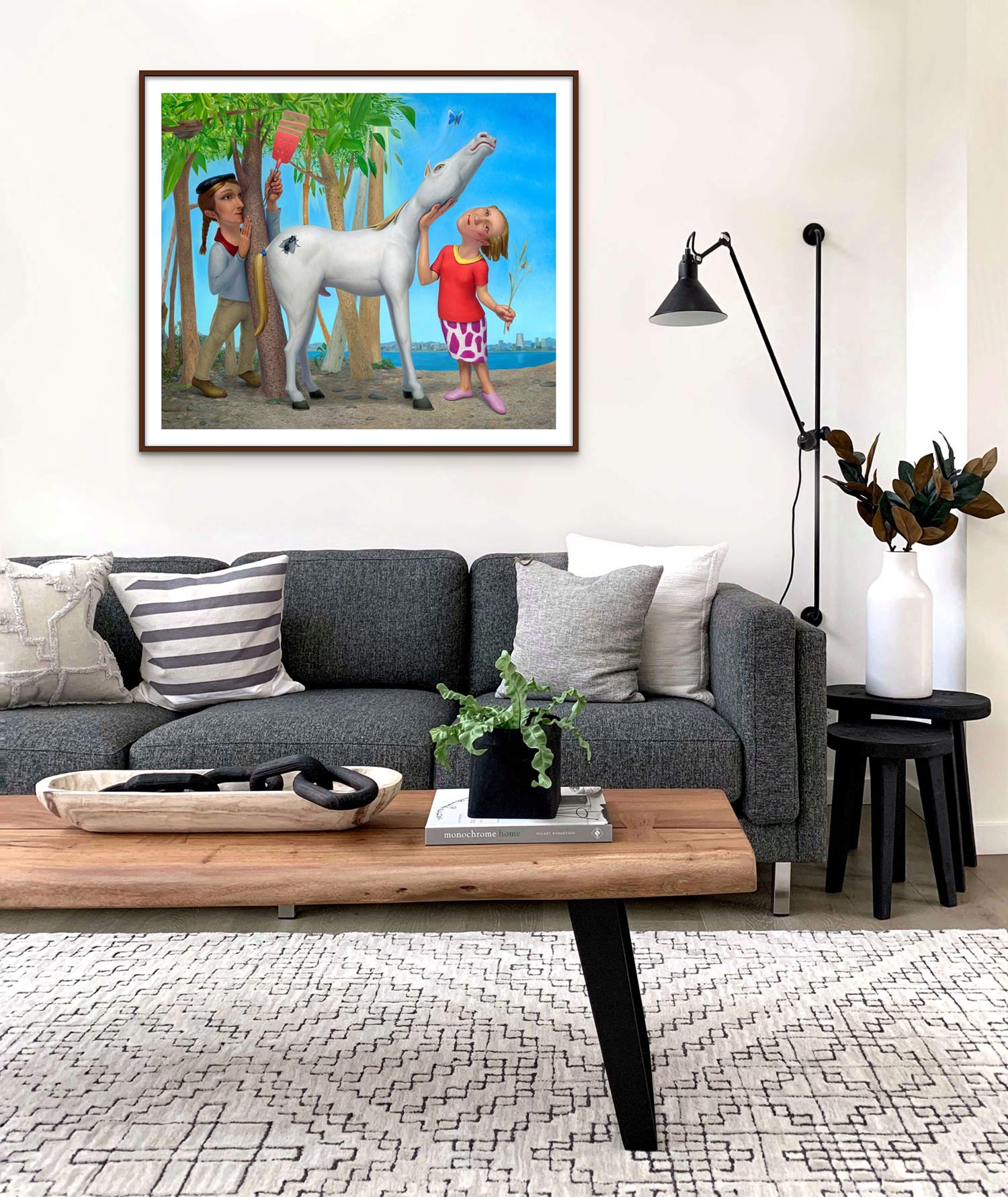 'White Pony Swat' fine art print in a living room, interior decoration in the style of casual modern chic monochrome