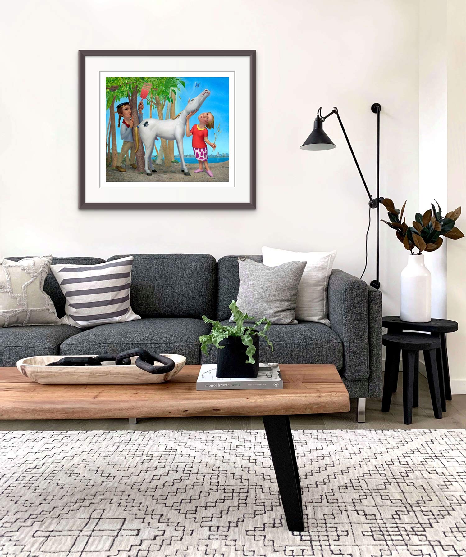'White Pony Swat' medium fine art print in a living room, interior decoration in the style of casual modern chic monochrome