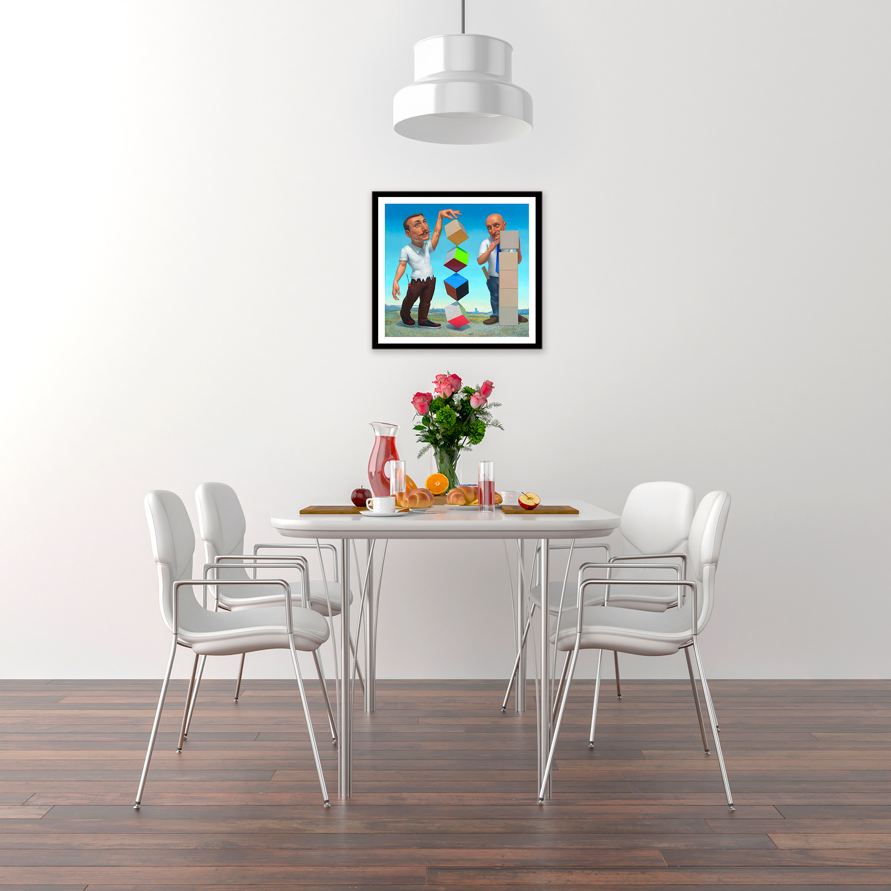 Classic white interior design kitchen table furniture feature large art print 'the conceptualists'