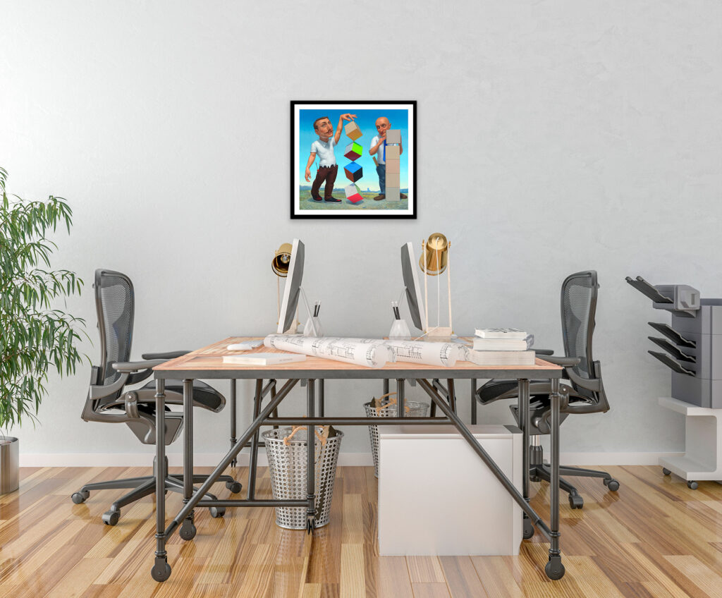 Modern interior design corporate office desk furniture feature large art print 'the conceptualists'
